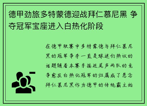 德甲劲旅多特蒙德迎战拜仁慕尼黑 争夺冠军宝座进入白热化阶段