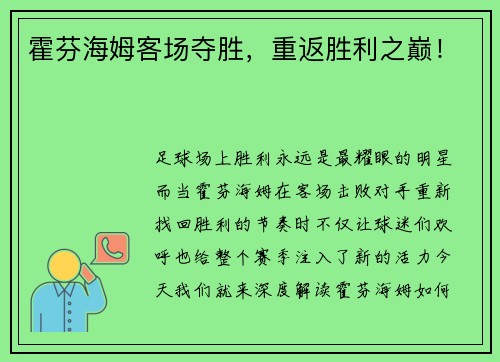 霍芬海姆客场夺胜，重返胜利之巅！